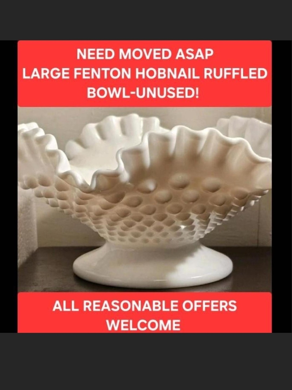 OFFERS WELCOME! Fenton White Textured Hobnail Large Bowl New Old Stock MCM